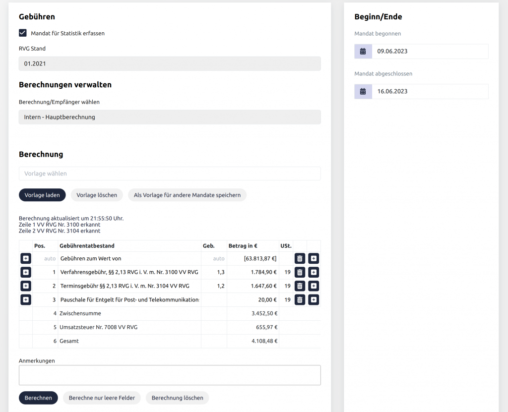 Gebühren Berechnung in der Kanzlei-Software können pro angelegtem Beteiligten individuell angepasst und per Klick als PDF erzeugt werden.