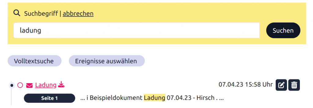 Die komfortable Volltext-Suche von freikanzlei über alle PDF-Dokumente des Mandats. Es werden alle Seiten mit Kontext des Suchergebnisses der E-Akte gefunden.